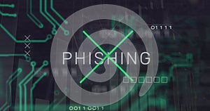 Image of phishing text over computer circuit board and data processing