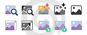 Image photo editing app icons set simple graphic pictogram illustration, enlarge and enhance picture flat, filter effect, upscale