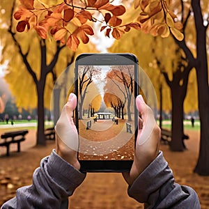 image of photography autumn park on the phone in the hand.