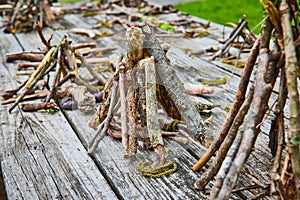 Picnic table wood covered in small stick teepee piles