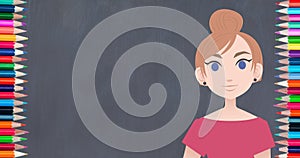 Image of pictogram of woman in pink dress with copy space on blackboard and crayons background