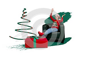 Image picture collage of funny funky lady enjoying seasonal occasion in festive decorated room house interior