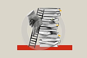 Image picture collage of human hand climb up ladder many books exam preparation isolated on painted grey background