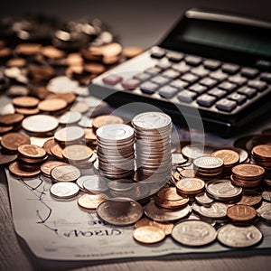 Image of a Pile of Coins with a Calculator and Pen Nearby for Representing the Idea of Financial Calculations and