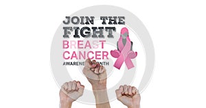 Image of pink breast cancer ribbon logo with breast cancer text over raised fists