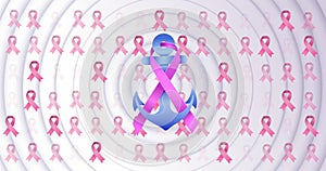 Image of pink breast cancer ribbon over pink ribbons on white background