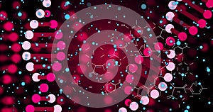 Image of pink 3d dna rotating with molecules and blue particles on digital interface