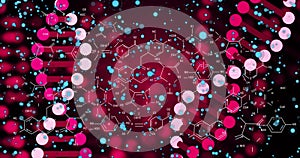 Image of pink 3d dna rotating with molecules and blue particles on digital interface