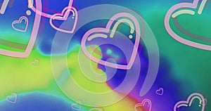 Image of pink hearts moving on multi coloured background