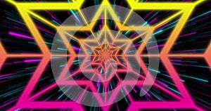 Image of pink and yellow neon star pattern moving in hypnotic motion on seamless loop