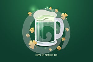 Image of pint of beer to St. Patrick`s day. Mug of beer with white foam and gold clover leaves.