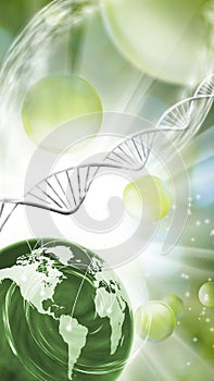 image of the planet Earth against the background of stylized DNA chains. 3d- image