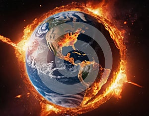image of planet earth exploding in flames.