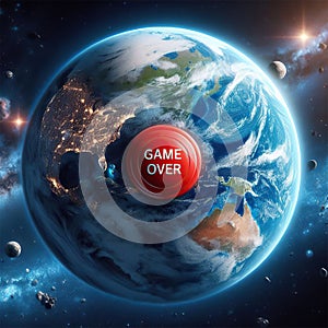 Image of planet Earth with a large red button that reads Game Over