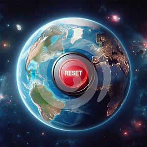 Image of planet Earth with a large red button that reads Reset