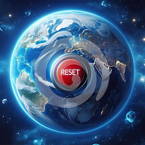 Image of planet Earth with a large red button that reads Reset