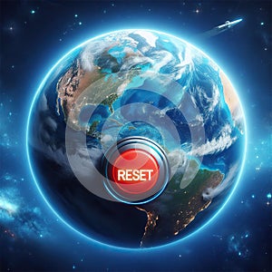 Image of planet Earth with a large red button that reads Reset