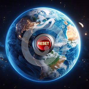 Image of planet Earth with a large red button that reads \