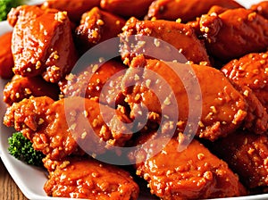A plate of crispy fried chicken wings with dipping sauce.