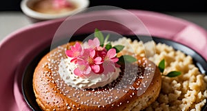 Image of a plate of food with a flower on top