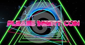 Image of please insert coin text over neon pattern