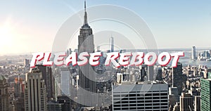 Image of please reboot over modern cityscape