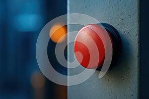 Emergency red stop button on gray panel. industrial safety, machinery shutdown, and risk prevention