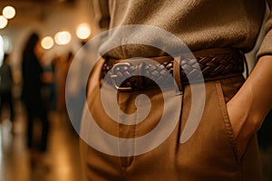 Close-Up Of Brown Woven Leather Belt On Pants
