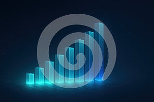 3D Bar Chart. Neon Blue Columns. Business Data Visualization