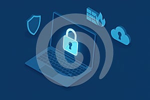 Cybersecurity isometric illustration with laptop, padlock, shield, firewall, and cloud icons in modern