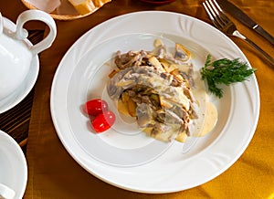 Image of a popular meat dish made called Swiss beefstroganoff.