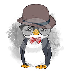 Image Portrait of cartoon penguin in a hat, cravat and glasses. Vector illustration. photo