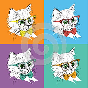 Image Portrait of cat in the cravat and with glasses. Pop art style vector illustration.