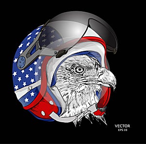 Image Portrait eagle in American motorcycle helmet. Vector illustration.