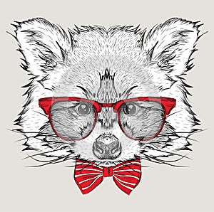 Image Portrait raccoon in the cravat and with glasses. Hand draw vector illustration.