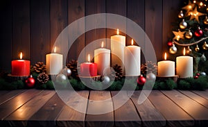 image portrays Christmas decorations, tastefully arranged on a wooden table, complemented by the comforting glow of lit candles.