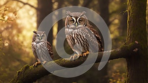An image that portrays a magnificent brown owl perched regally on a rustic tree branch photo