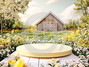 Image portrays a peaceful, rustic outdoor scene featuring a worn wooden barrel lid on a platform, vibrant wildflowers photo