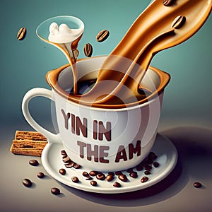 A white cup overflowing with coffee beans and liquid, creating an energetic swirl of coffee in motion.