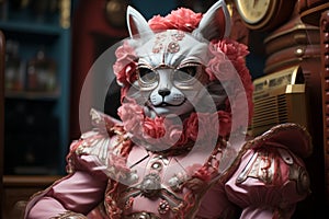 The image portrays a woman wearing a pastel dress with a cat mask. Exaggerated character, props, and costumes reminiscent of