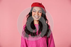 Image of positive beautiful asian girl with long dark hair wearing beret