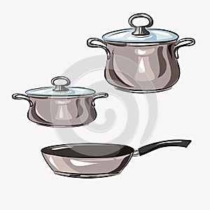 Image of pots and pans. Kitchenware. Cooking utensils. Kitchen. Isolated vector