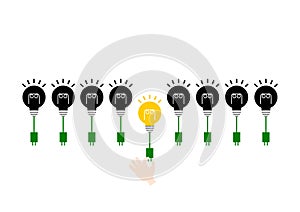 Image of power saving. Light bulbs and hands. Vector illustration.