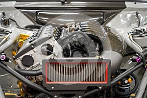 Image of Powerful engine closeup of sports car, motor block inside