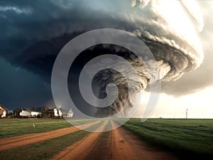 Image of powerful huge tornado twisting on road