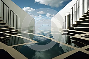 abstract surreal reflected floor and concrete walls. blue sky with white clouds. maze, glossy floor.