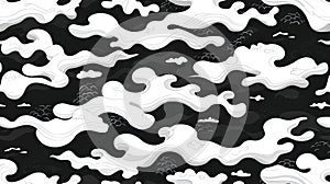 A seamless pattern of stylized clouds and waves in black and white.