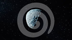 A large, irregularly shaped moon in space.