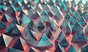 3D complex arrangement triangular shapes in shades blue, red, and orange, creating visually striking and