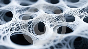 A close-up view of a complex, interconnected network of white lines forming a web-like structure.